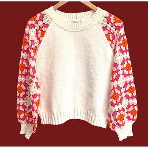 Zara Crochet Sleeve Granny Square Sweater Boho Retro Colorful Knit Pullover
